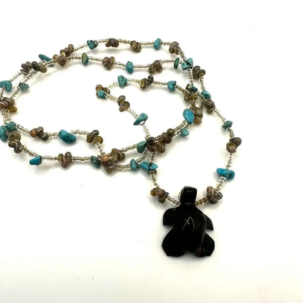 Turquoise and shell wood turtle long pendant necklace